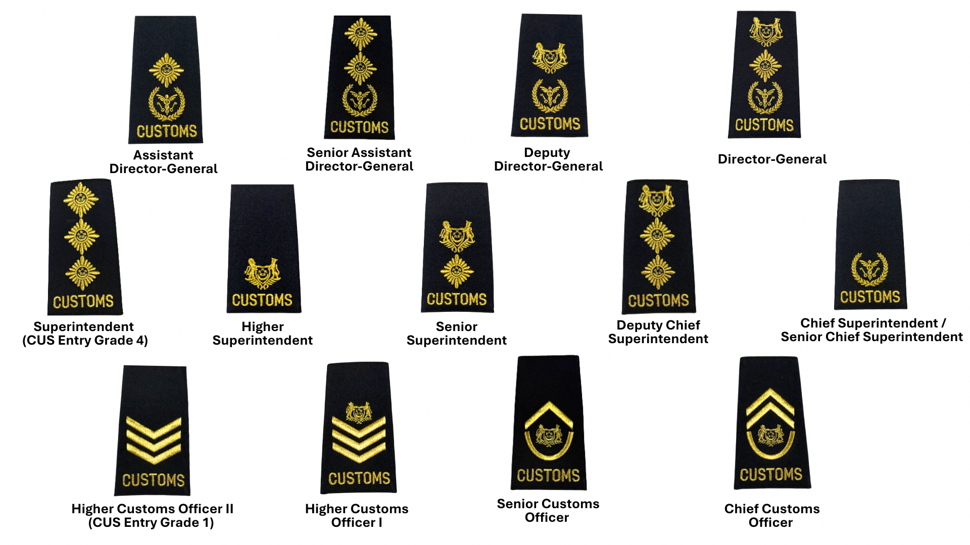 Rank insignia showing the Customs Unified Scheme of Service (CUS) hierarchy] [Image caption: Rank structure under the Customs Unified Scheme of Service (CUS)